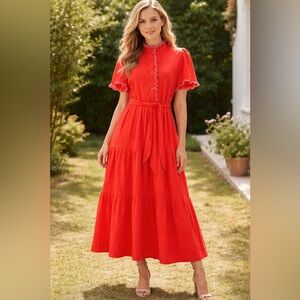 NWT! UMGEE Orange 100% cotton Tiered Maxi Dress M ruffle button belted short sl.